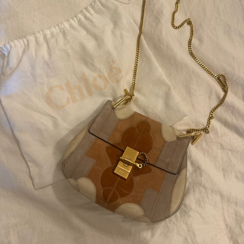 Chloe Drew Shoulder Bag in Multicolor Suede & Grey Leather with Gold Chain Strap